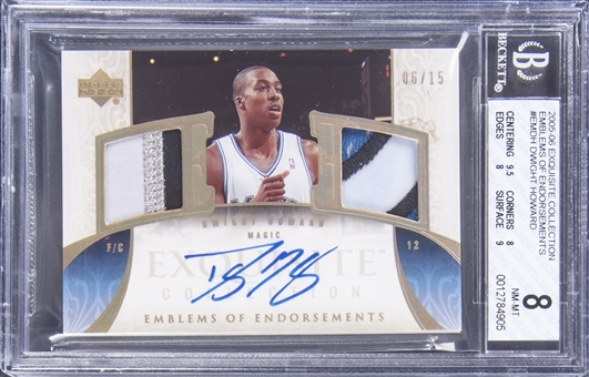 2005-06 UD "Exquisite Collection" Emblems of Endorsements #EMDH Dwight Howard Signed Patch Card (#06/15) - BGS NM-MT 8/BGS 10